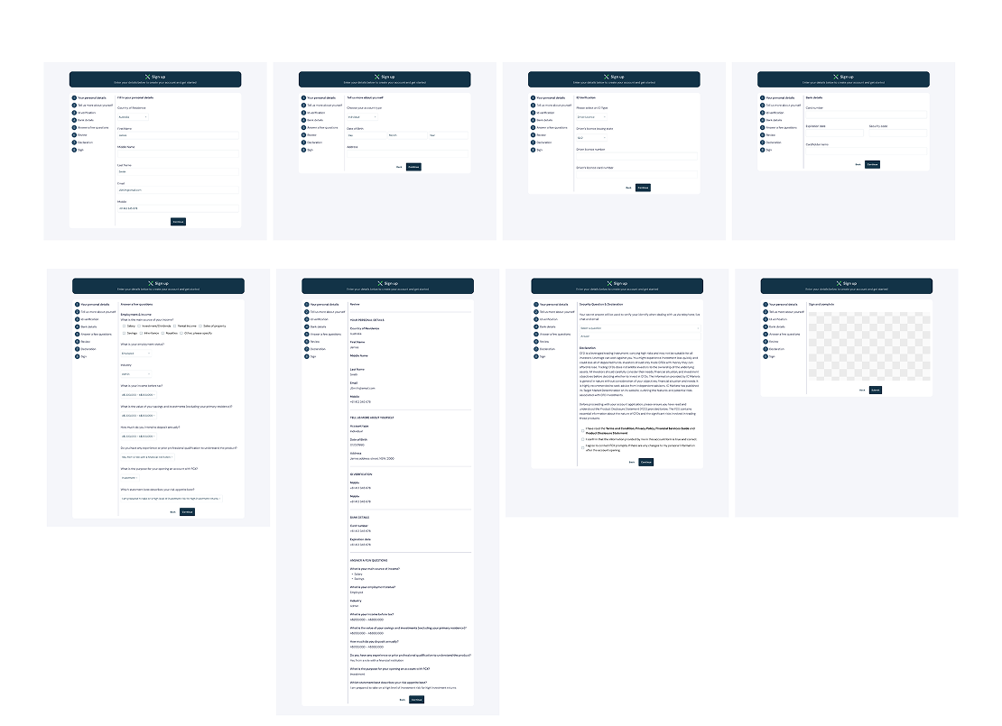 The eight original onboarding flows before any changes